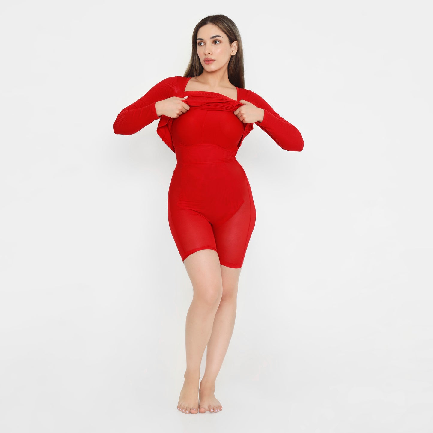 Built In Bra and Shapewear Full Sleeves Red Long BodyGlove Dress