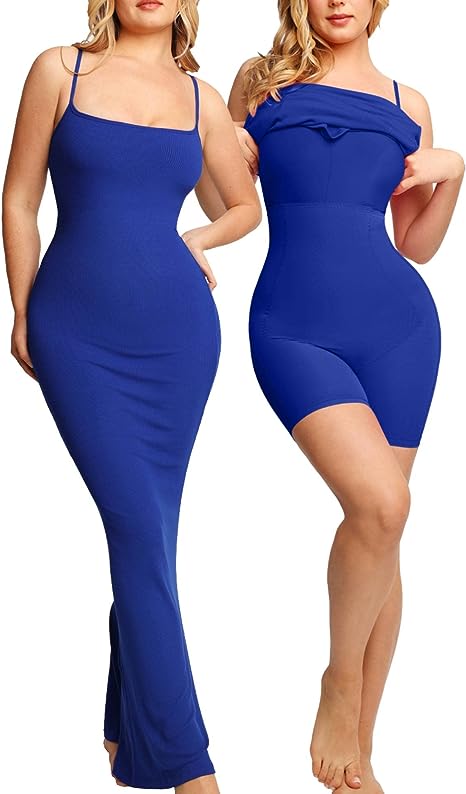 Built In Bra and Shapewear Blue Cami Long BodyGlove Dress