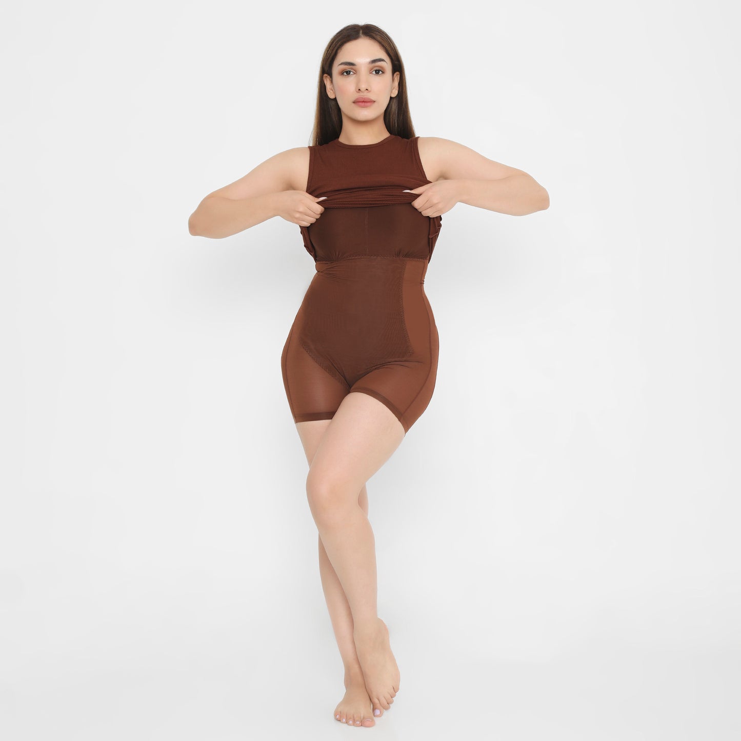 Built In Bra and Shapewear Close Neck Short Brown BodyGlove Dress
