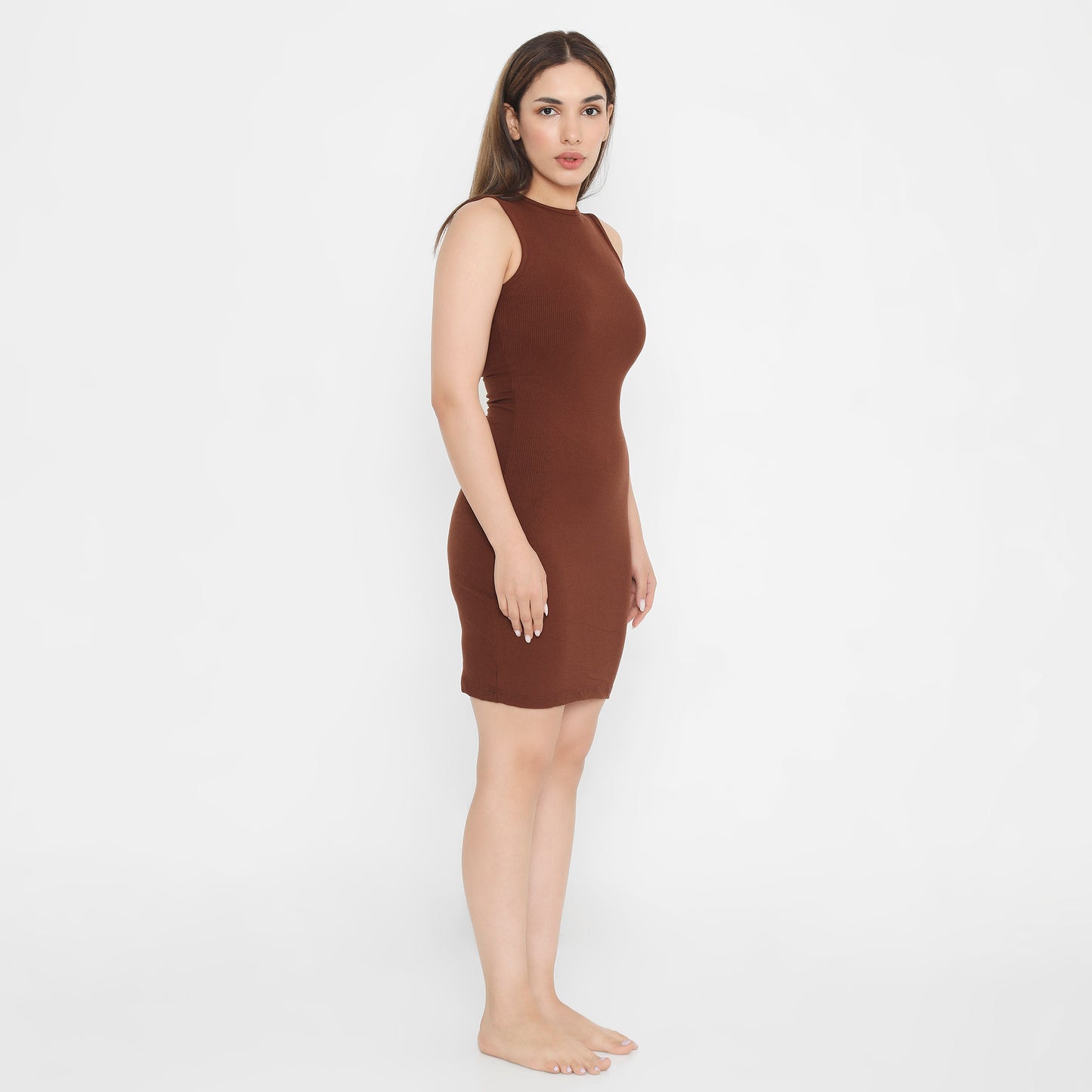 Built In Bra and Shapewear Close Neck Short Brown BodyGlove Dress