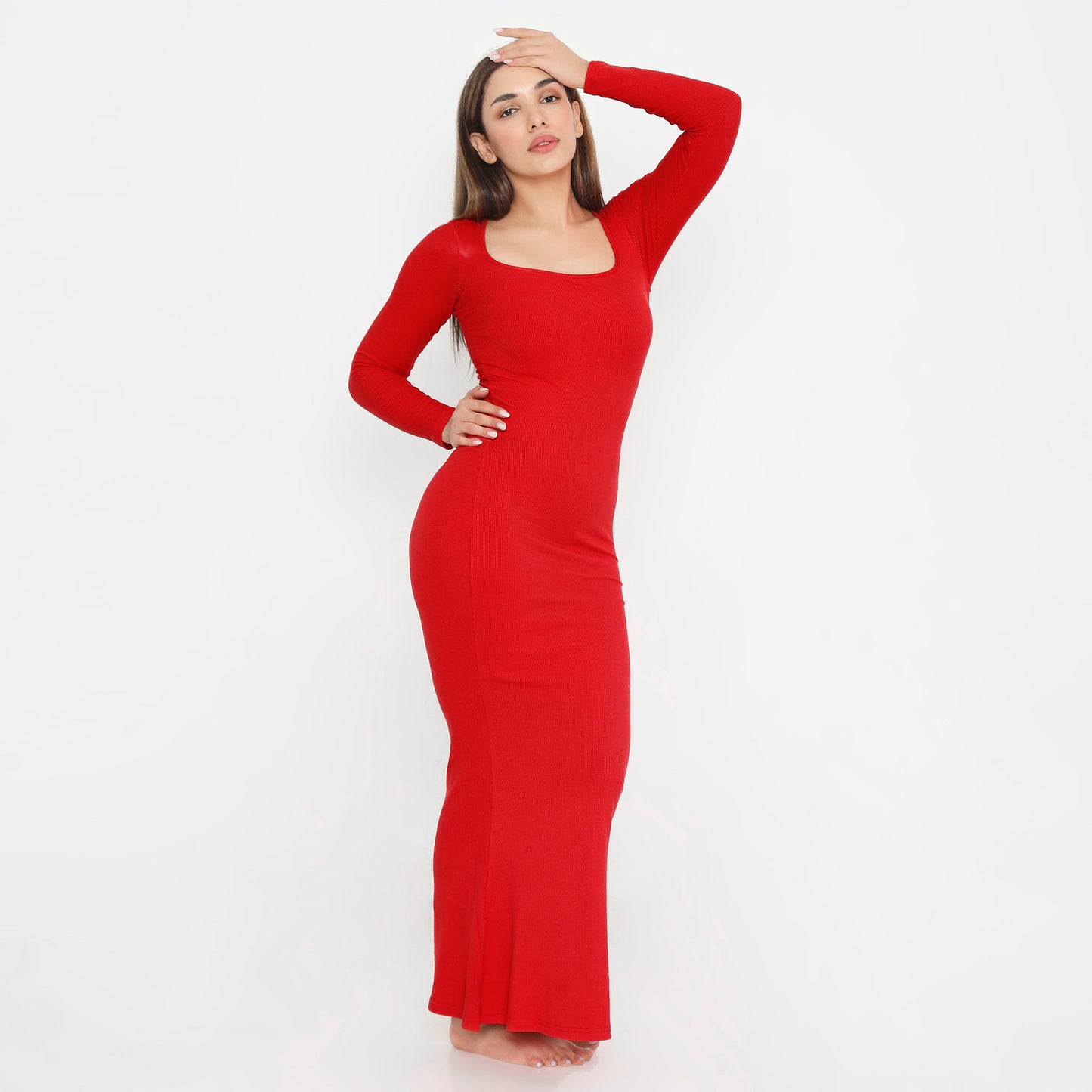 Built In Bra and Shapewear Full Sleeves Red Long BodyGlove Dress