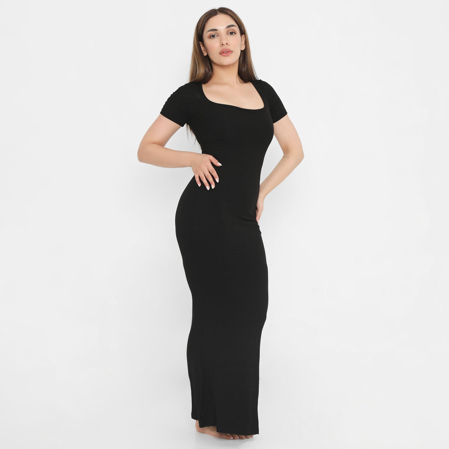 Built In Bra and Shapewear Short Sleeves Black Long BodyGlove Dress