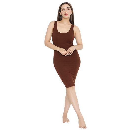 Built In Bra and Shapewear Thick Straps Brown Deep Back Short BodyGlove Dress