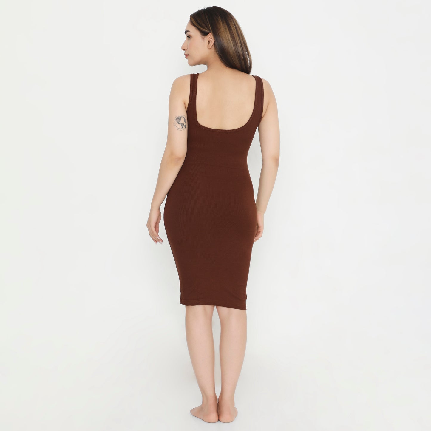 Built In Bra and Shapewear Thick Straps Brown Deep Back Short BodyGlove Dress