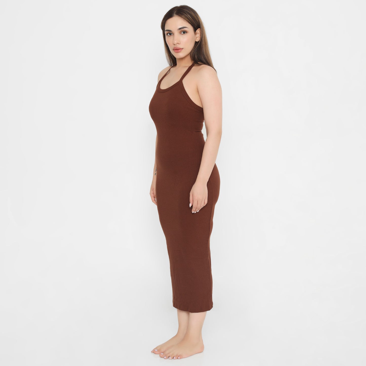 Built In Bra and Shapewear Halter Neck 2 Way Brown Body Glove Dress