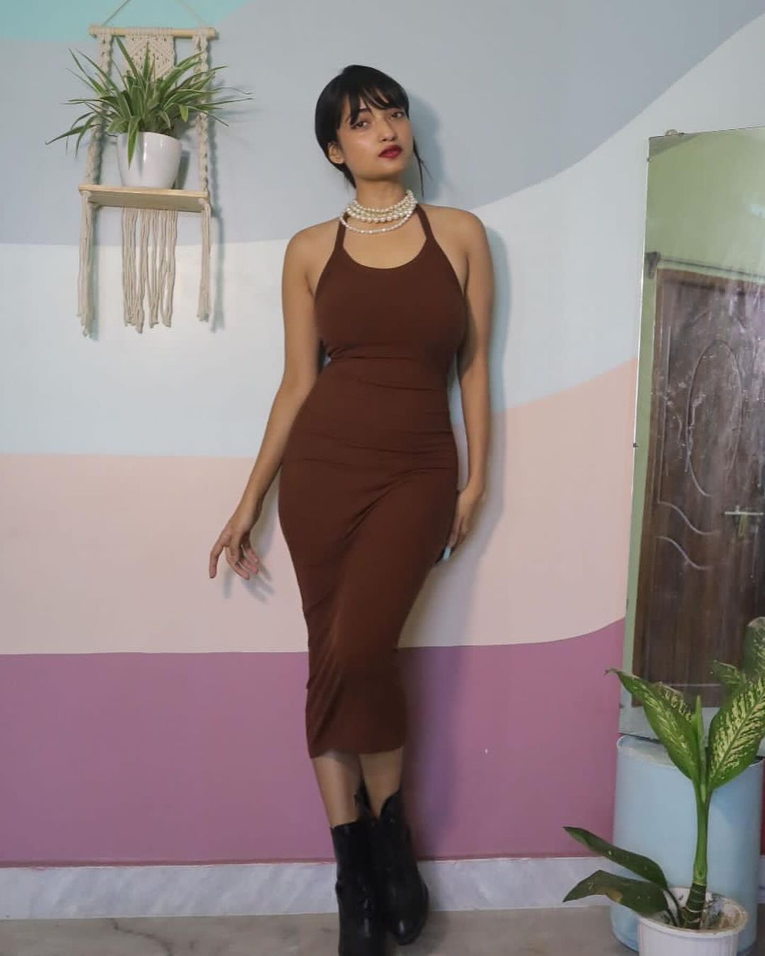 Built In Bra and Shapewear Halter Neck 2 Way Brown Body Glove Dress