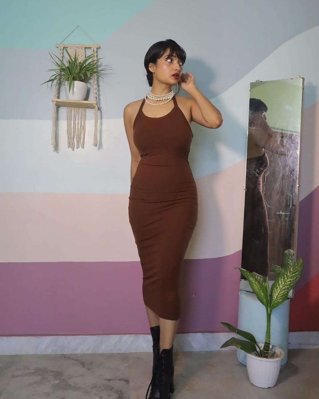 Built In Bra and Shapewear Halter Neck 2 Way Brown Body Glove Dress