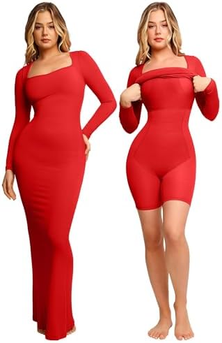 Built In Bra and Shapewear Full Sleeves Red Long BodyGlove Dress