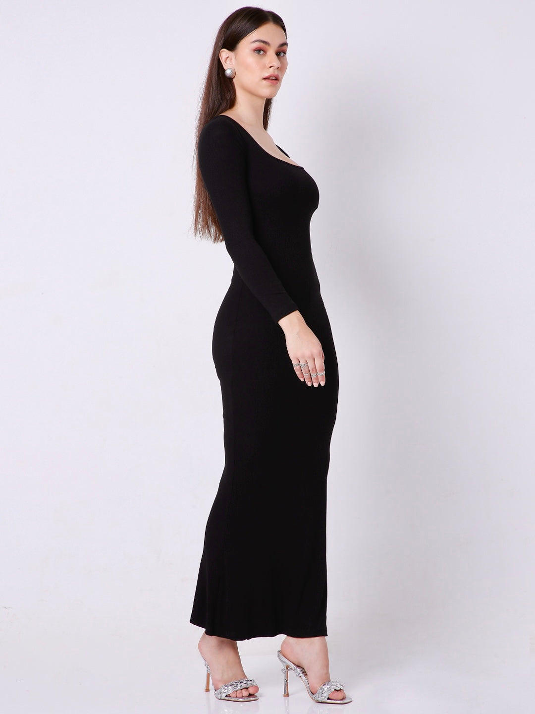 Built In Bra and Shapewear Full Sleeves Black Long BodyGlove Dress