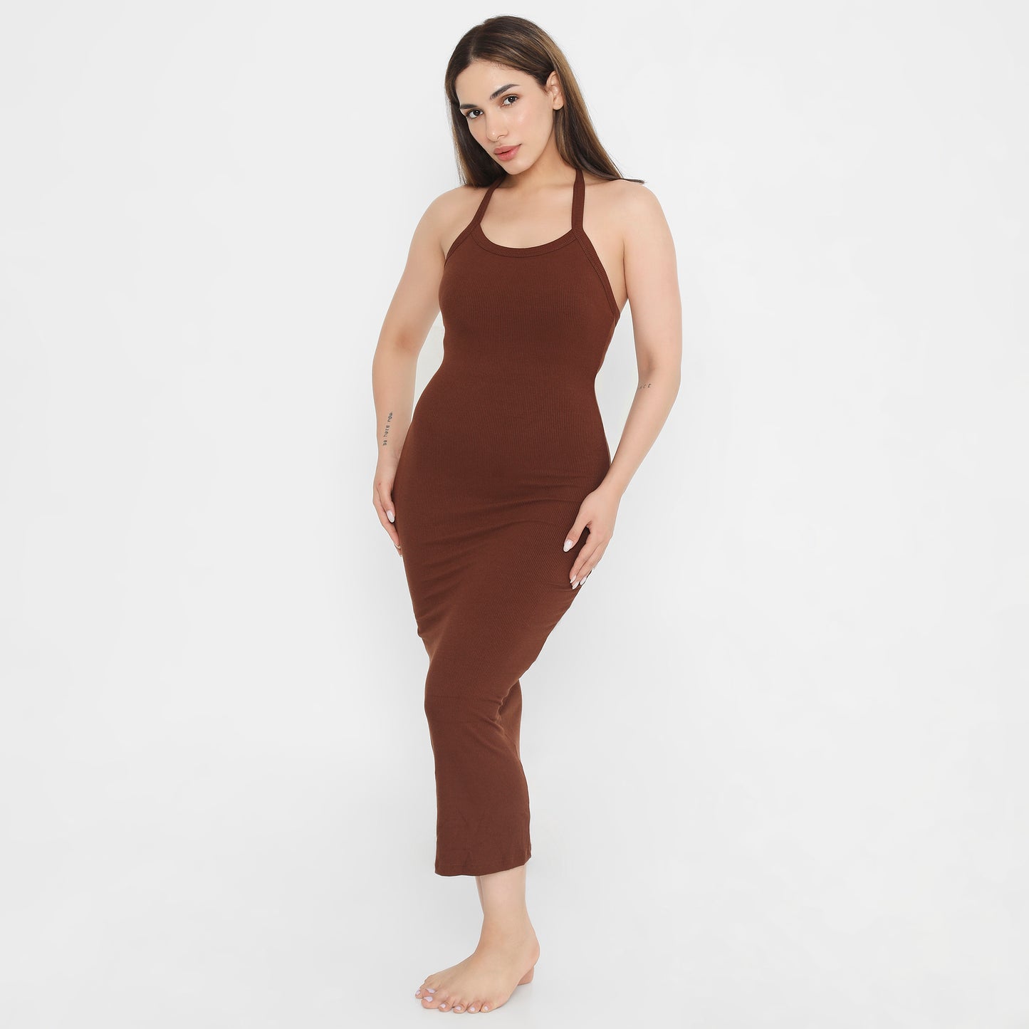 Built In Bra and Shapewear Halter Neck 2 Way Brown Body Glove Dress