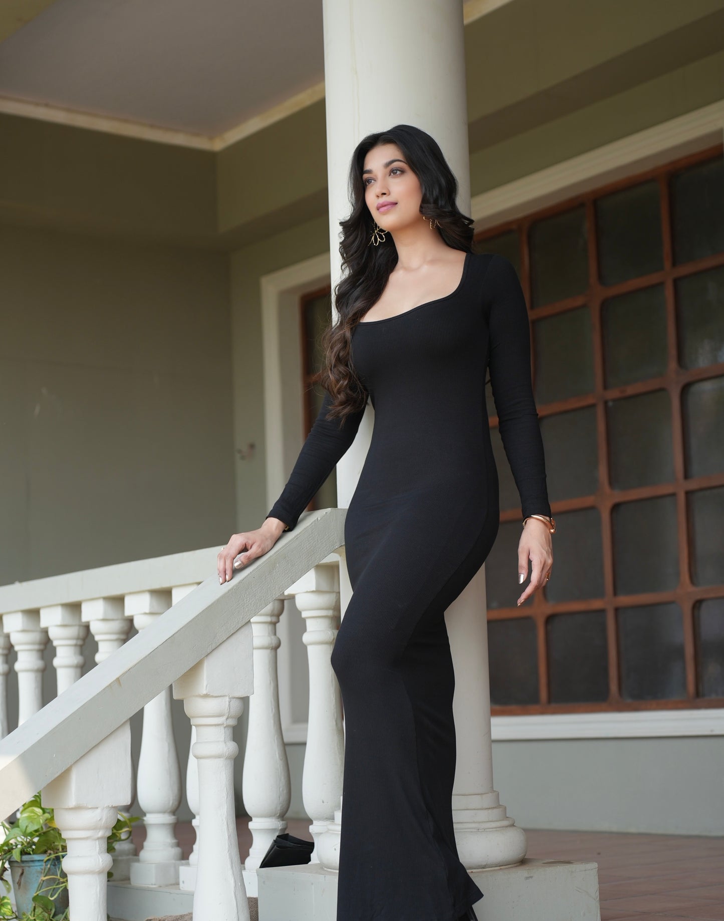 Built In Bra and Shapewear Full Sleeves Black Long BodyGlove Dress