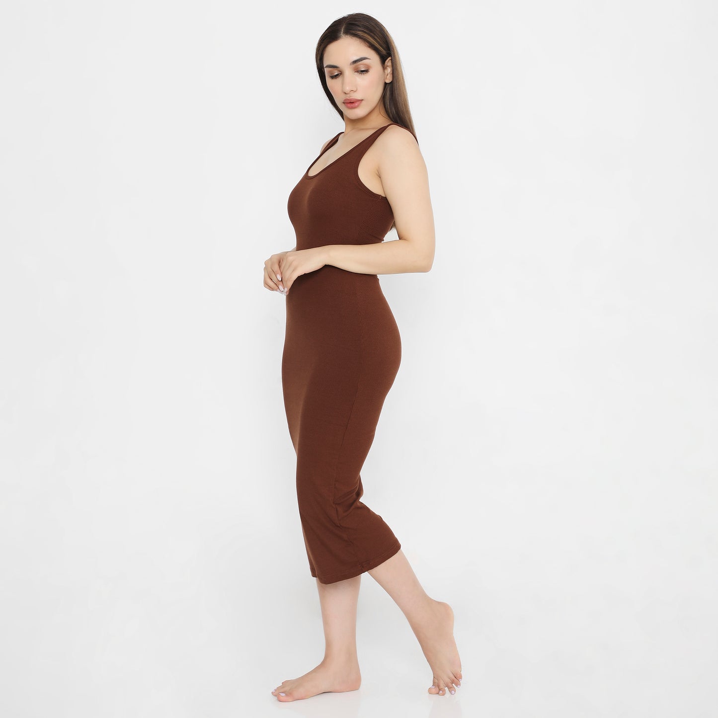 Built In Bra and Shapewear Thick Straps Deep Back Midi BodyGlove Dress