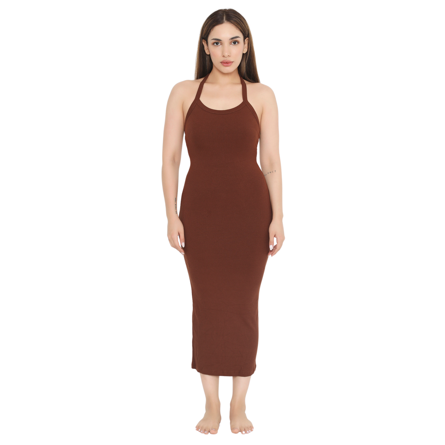 Built In Bra and Shapewear Halter Neck 2 Way Brown Body Glove Dress