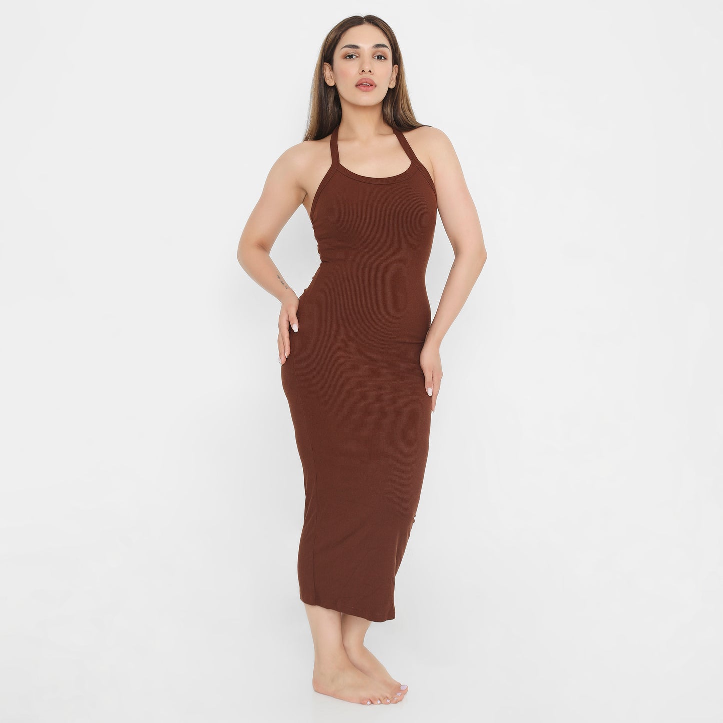 Built In Bra and Shapewear Halter Neck 2 Way Brown Body Glove Dress