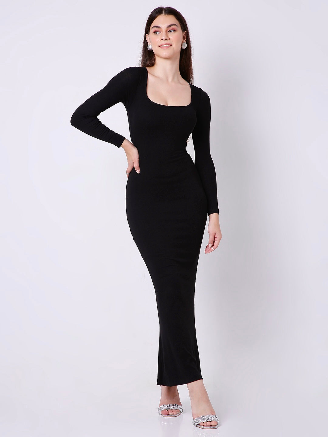 Built In Bra and Shapewear Full Sleeves Black Long BodyGlove Dress