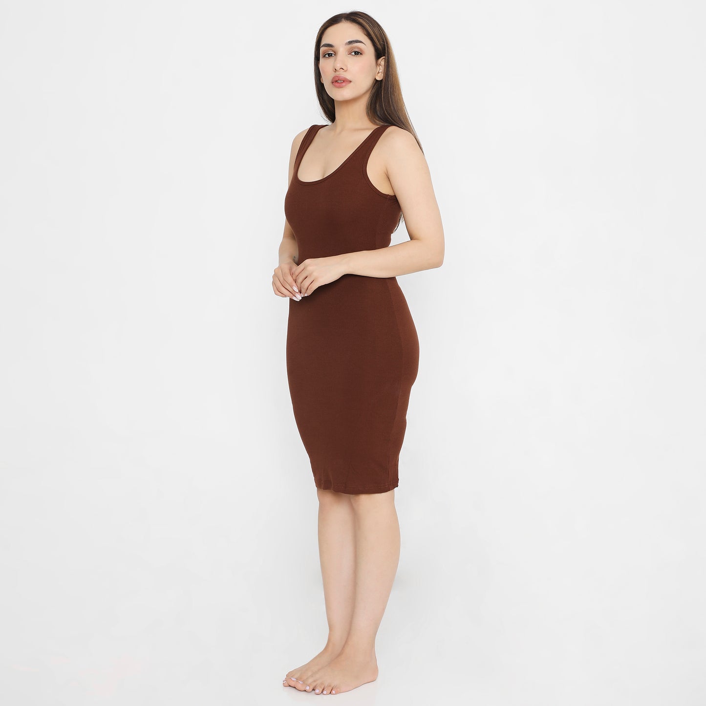 Built In Bra and Shapewear Thick Straps Brown Deep Back Short BodyGlove Dress