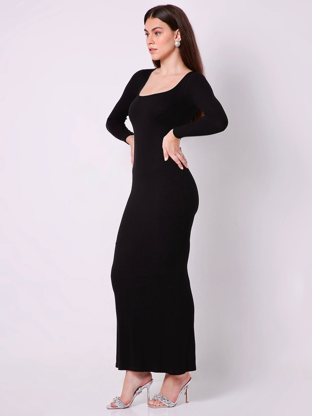 Built In Bra and Shapewear Full Sleeves Black Long BodyGlove Dress