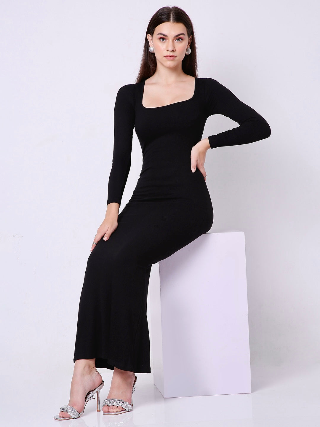 Built In Bra and Shapewear Full Sleeves Black Long BodyGlove Dress