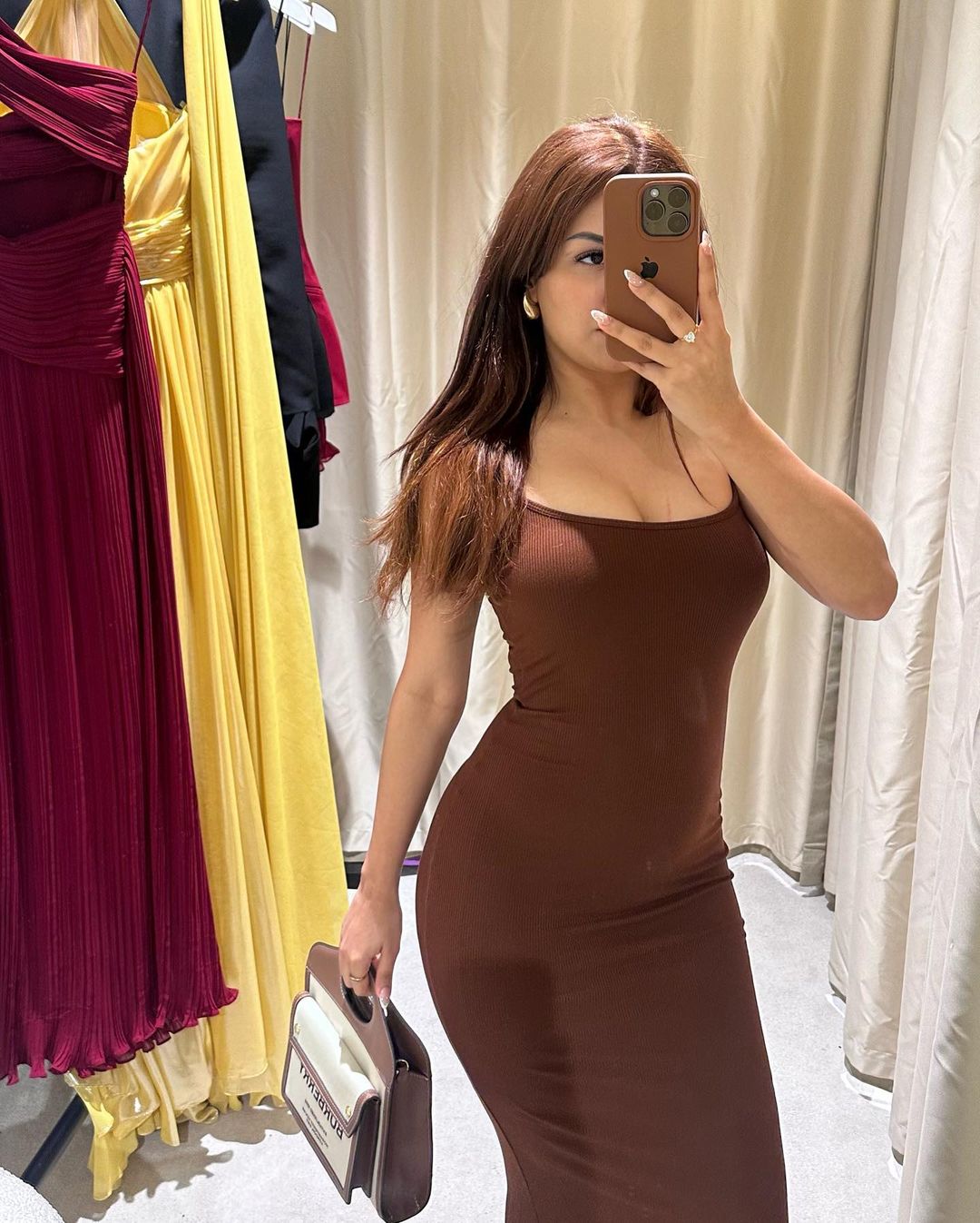 Built In Bra and Shapewear Brown Cami Long BodyGlove Dress