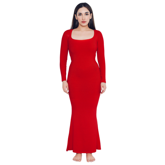 Built In Bra and Shapewear Full Sleeves Red Long BodyGlove Dress