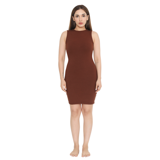 Built In Bra and Shapewear Close Neck Short Brown BodyGlove Dress