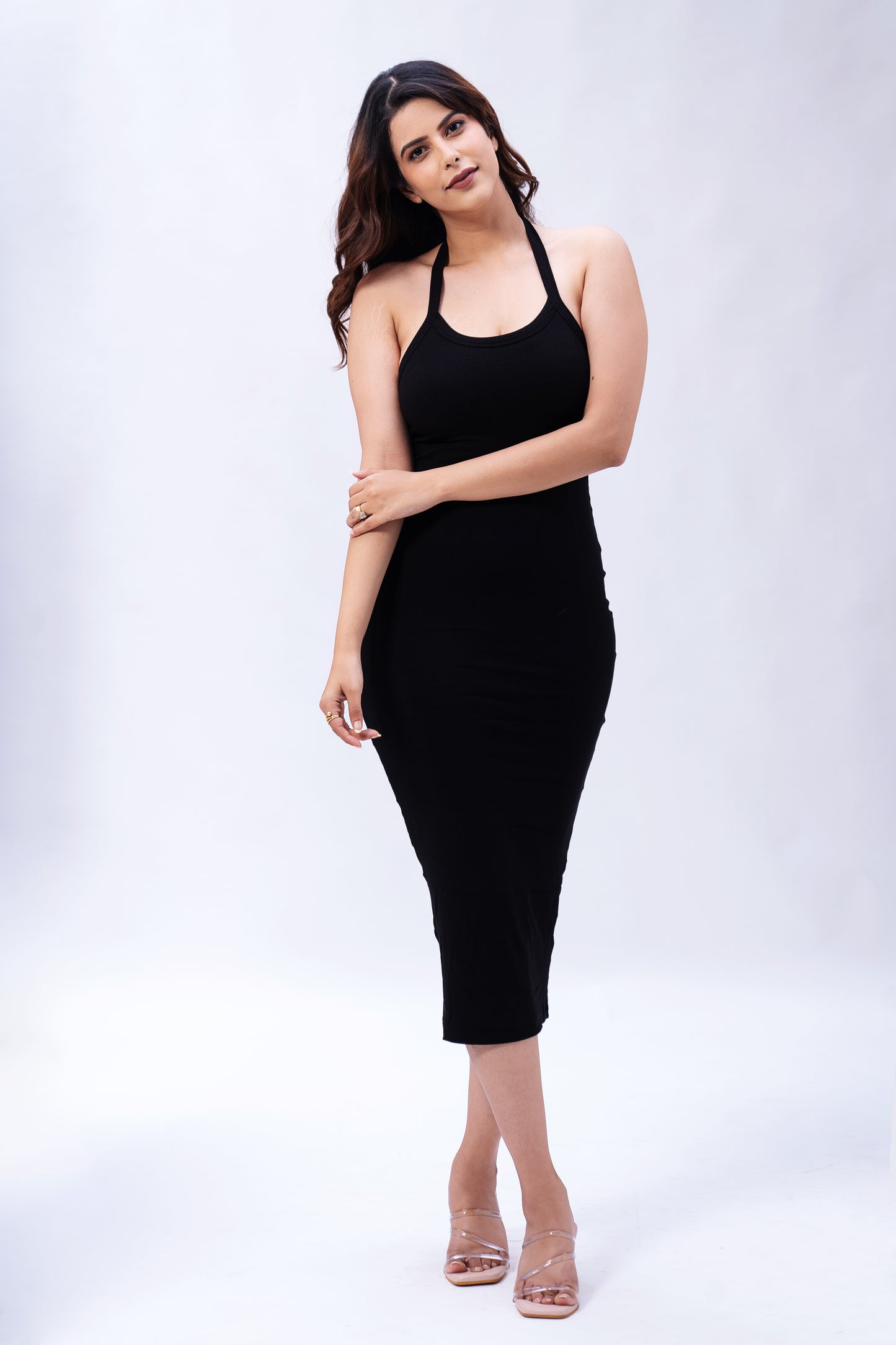 Built In Bra and Shapewear Halter Neck 2 Way Black Body Glove Dress