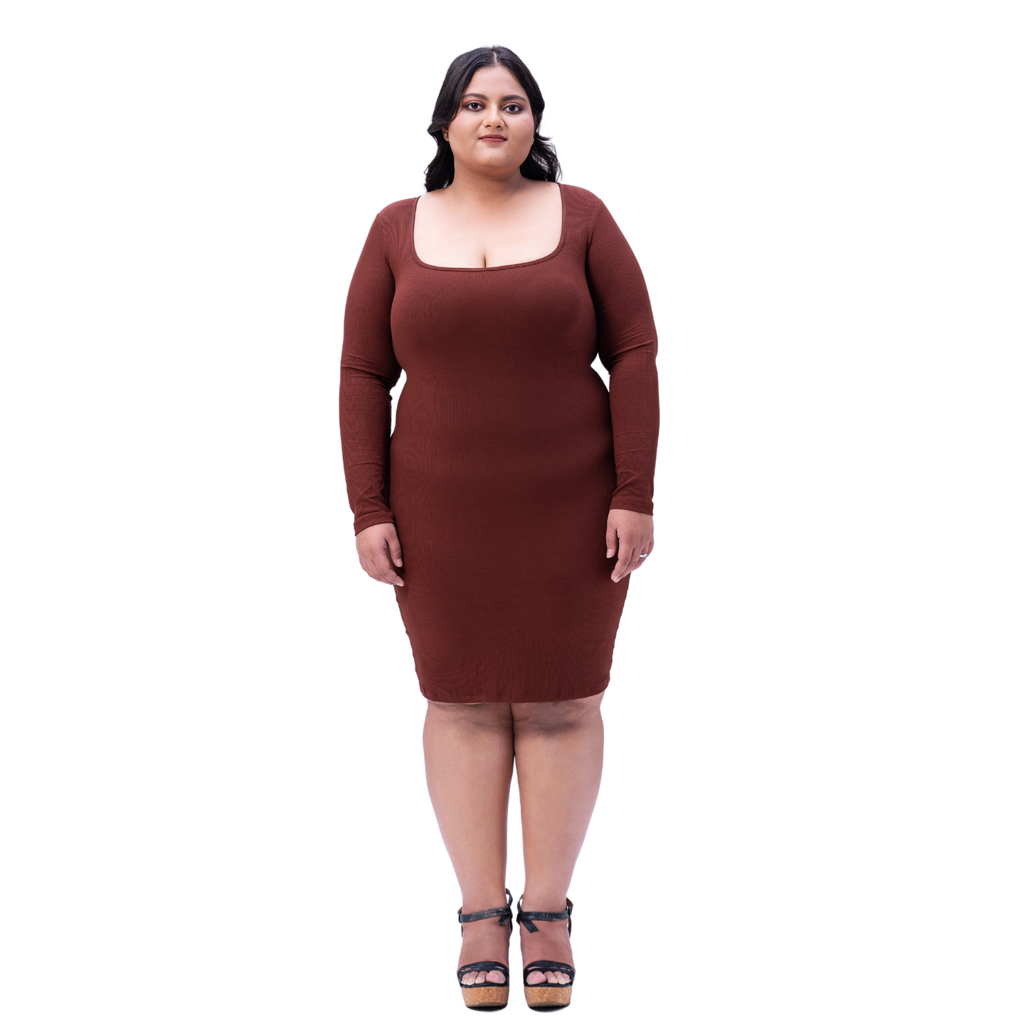 Built In Bra and Shapewear Brown Full Sleeve Short BodyGlove Dress