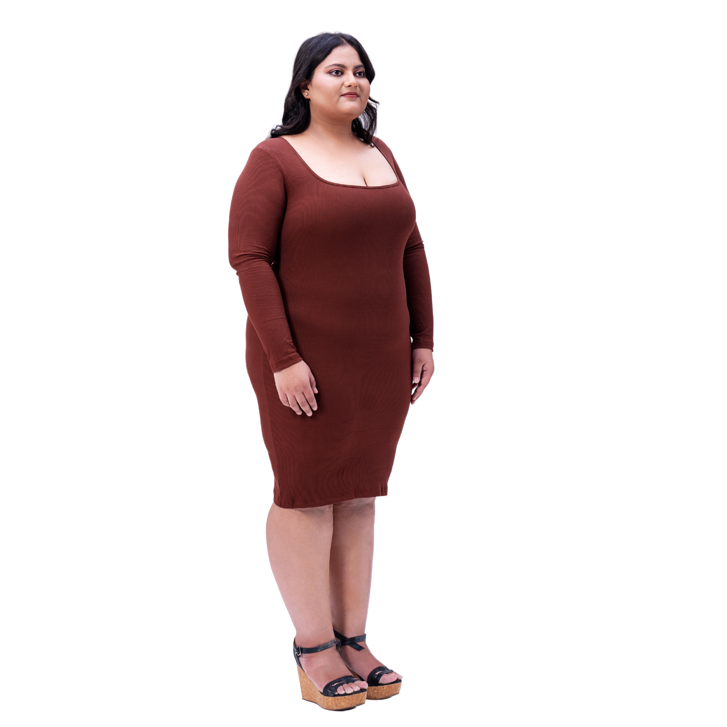 Built In Bra and Shapewear Brown Full Sleeve Short BodyGlove Dress