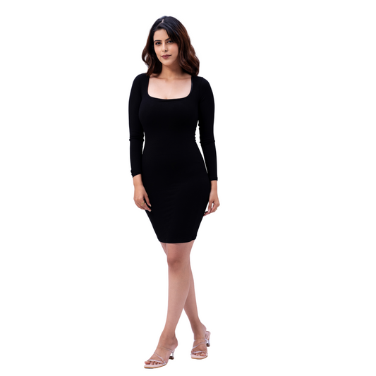 Built In Bra and Shapewear Black Full Sleeve Short BodyGlove Dress