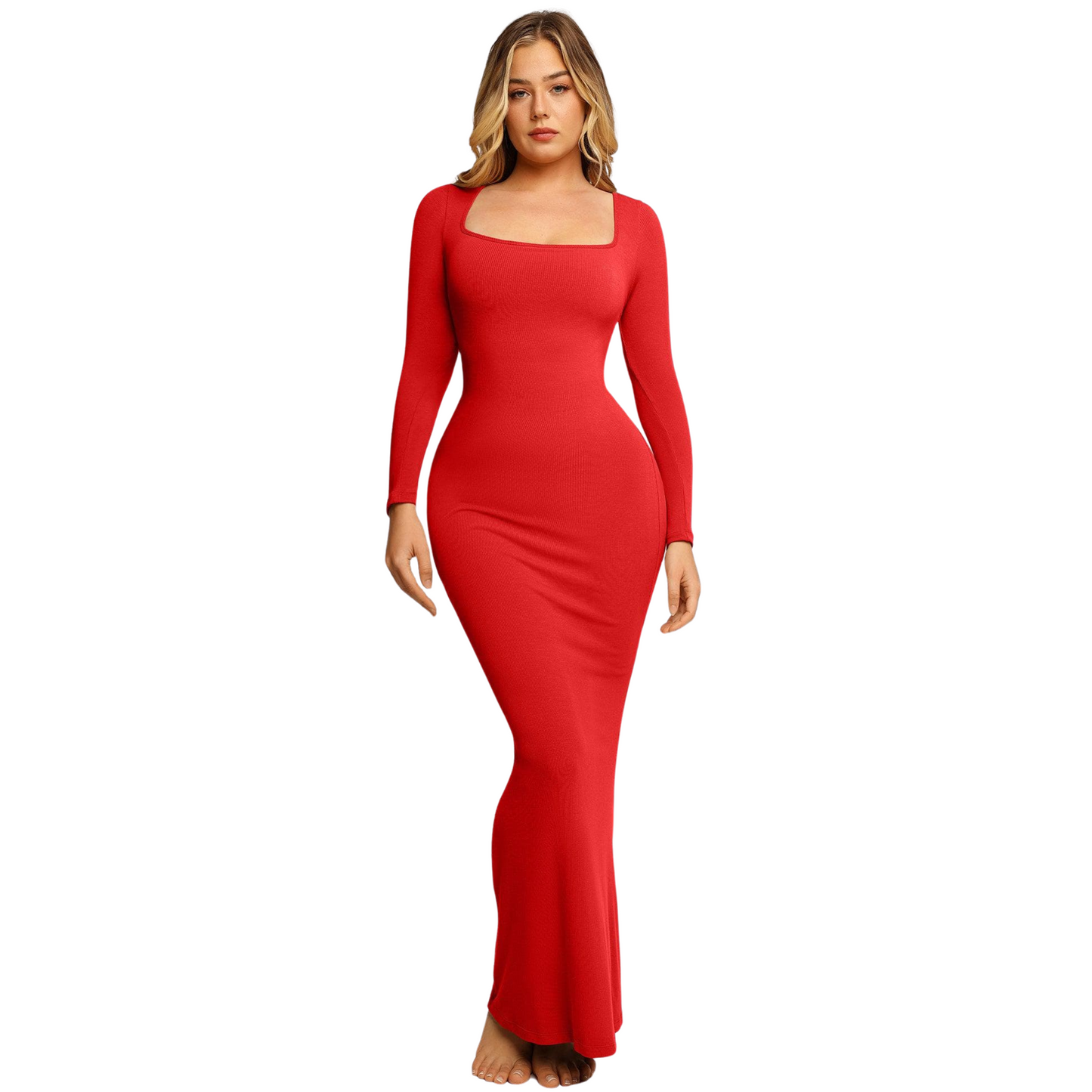 Built In Bra and Shapewear Full Sleeves Red Long BodyGlove Dress