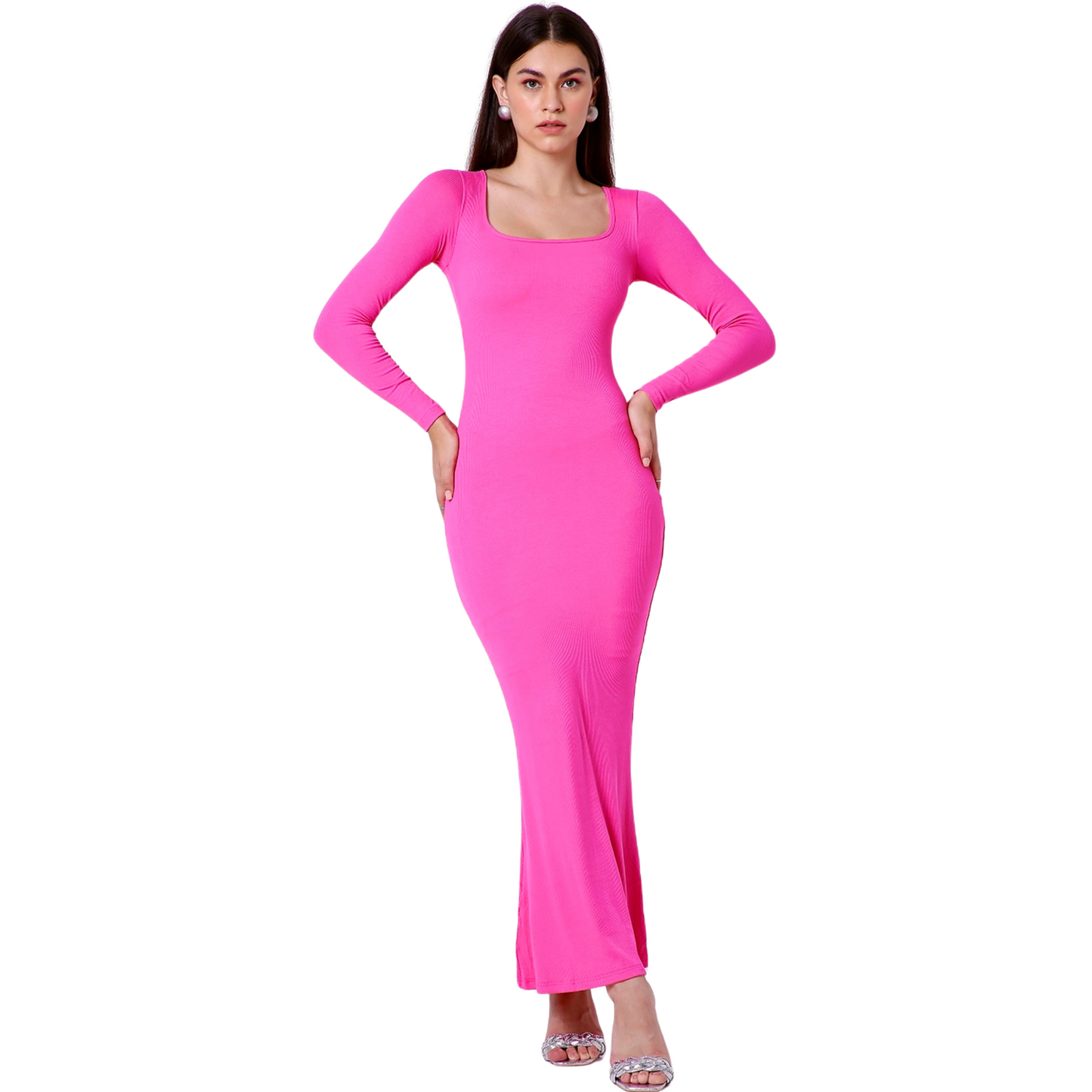 Built In Bra and Shapewear Full Sleeves Pink Long BodyGlove Dress