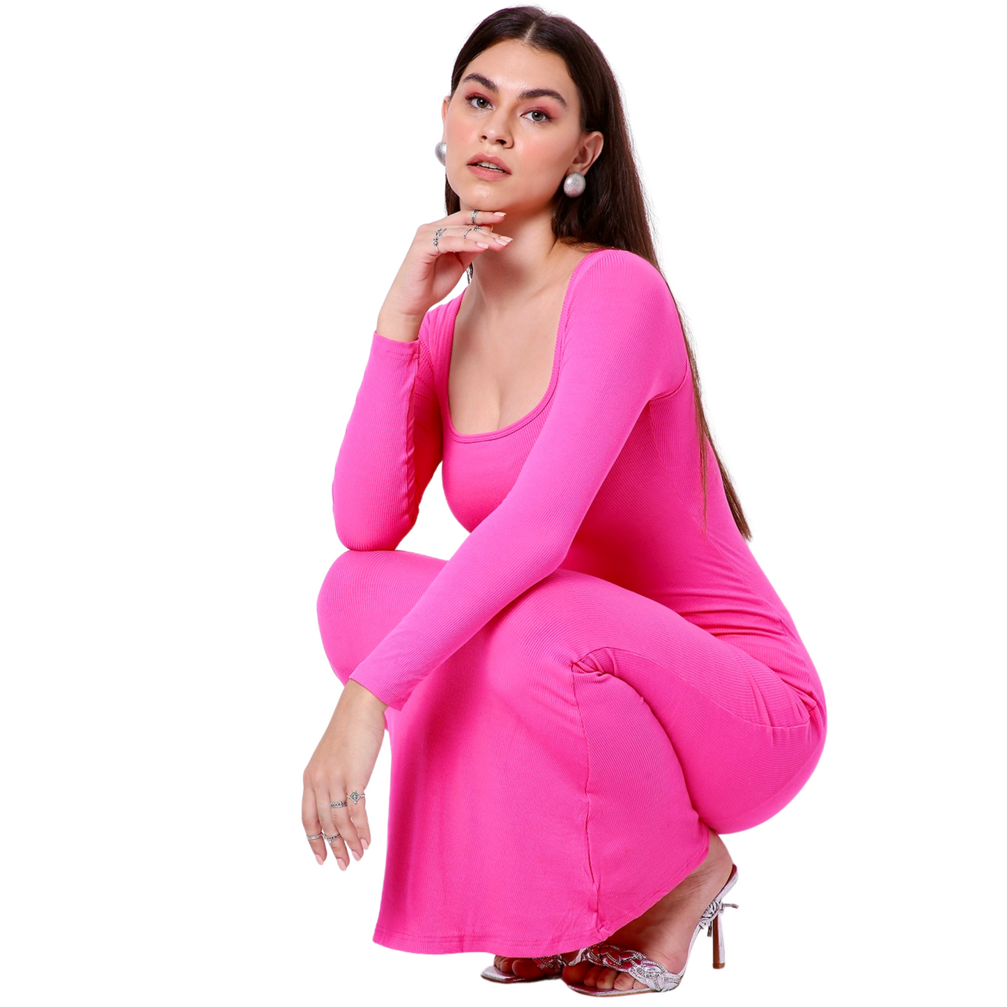 Built In Bra and Shapewear Full Sleeves Pink Long BodyGlove Dress