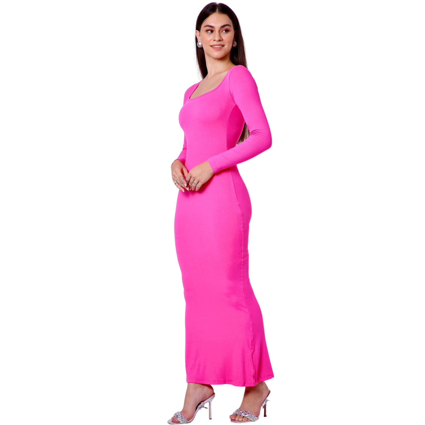 Built In Bra and Shapewear Full Sleeves Pink Long BodyGlove Dress