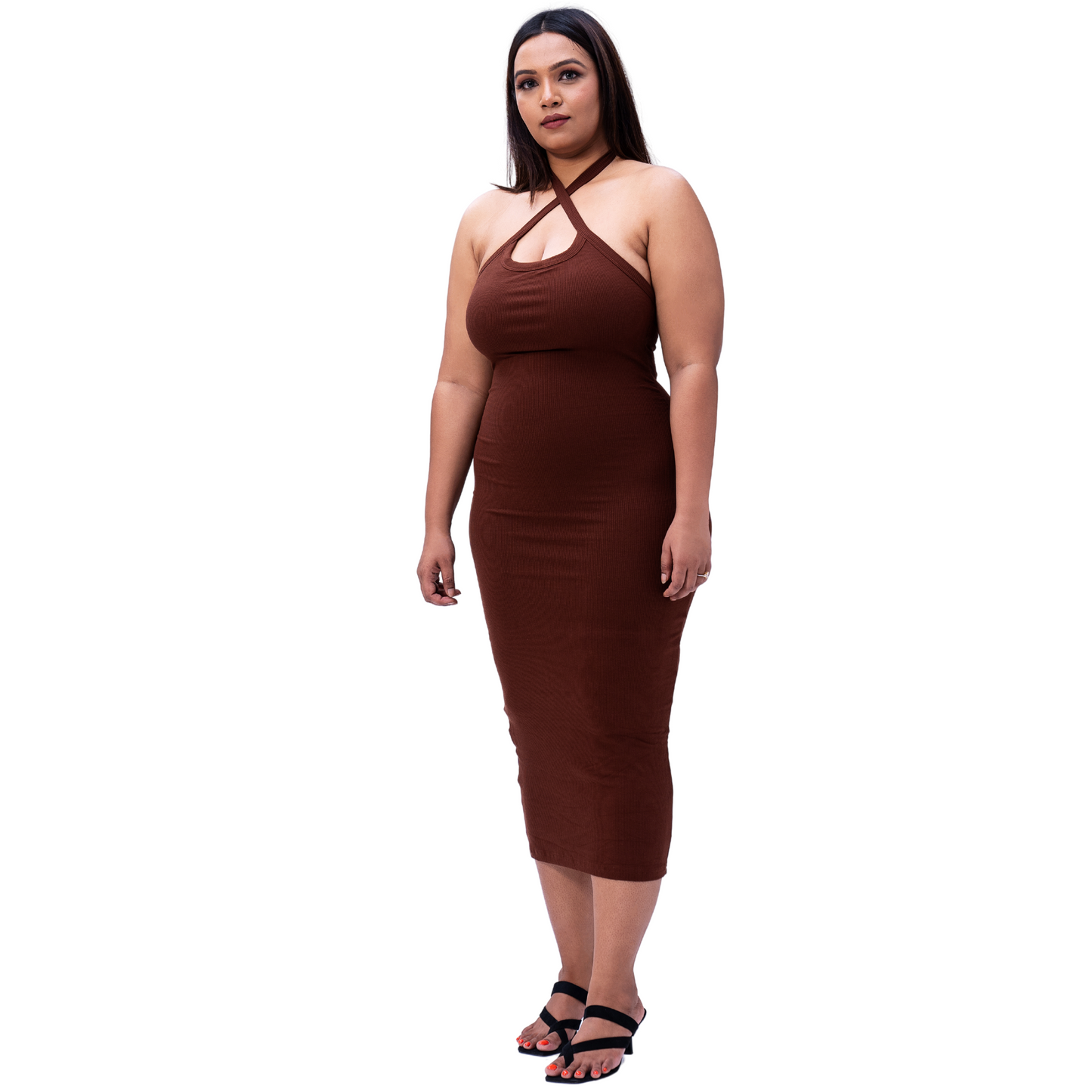 Built In Bra and Shapewear Halter Neck 2 Way Brown Body Glove Dress