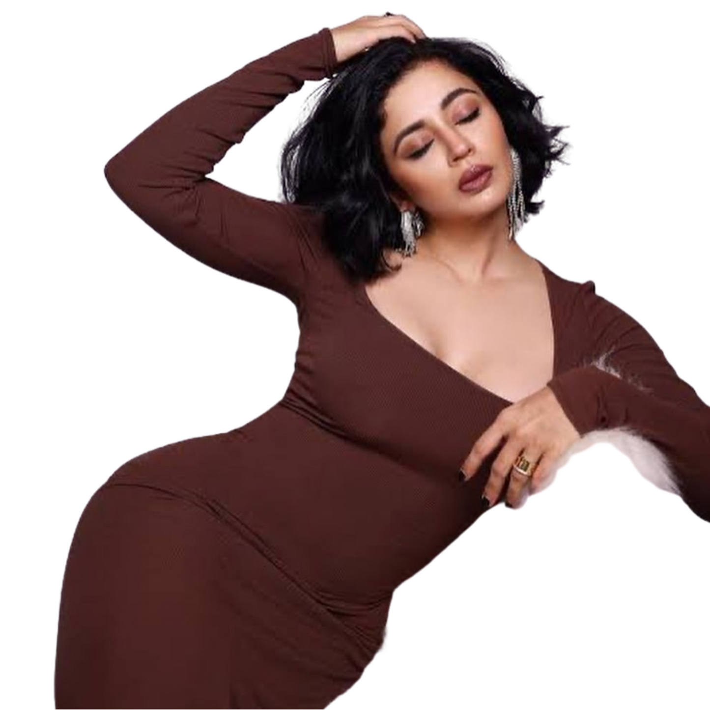 Built In Bra and Shapewear Full Sleeves Long Brown BodyGlove Dress